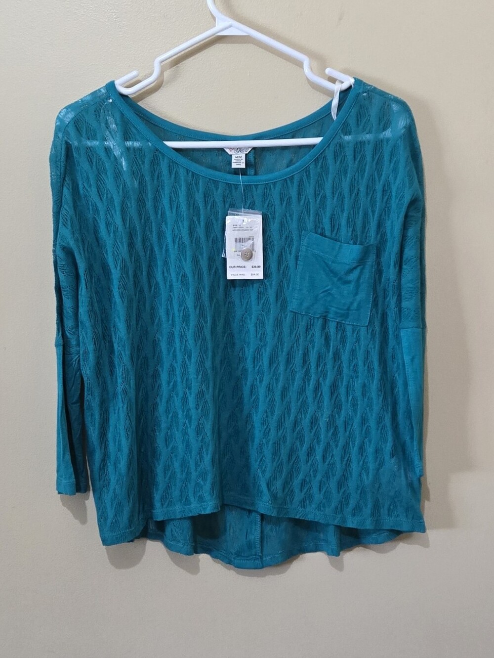 NWT Guess Teal Sheer 3/4 Sleeve Crop Top